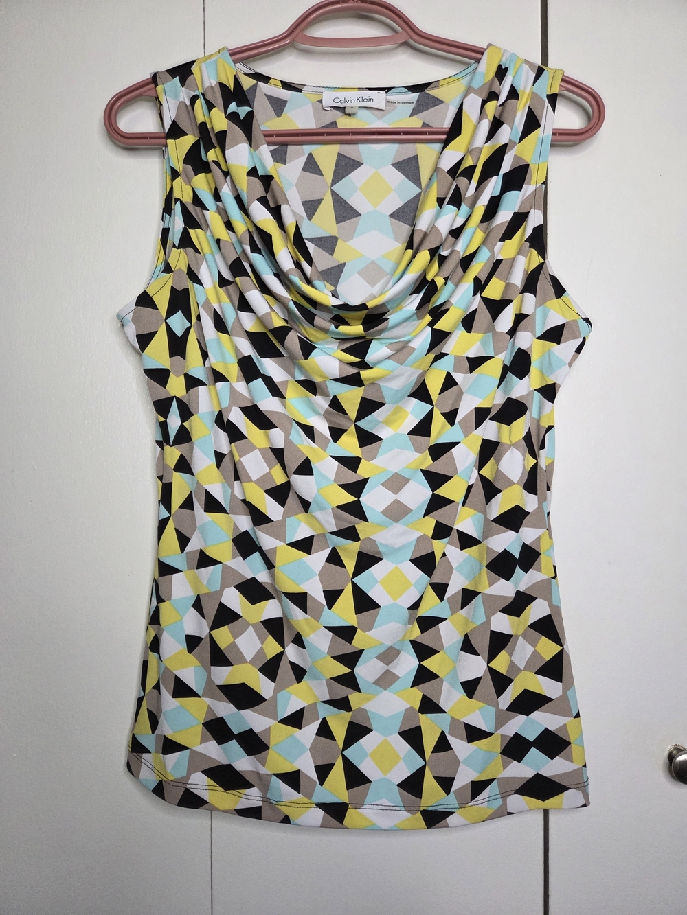 Calvin Klein Women's S Geometric Print Cowl Neck Tank Top - Yellow/Blue/Black